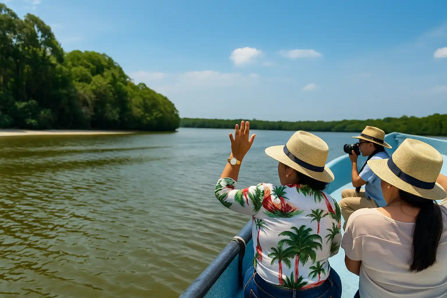 Persona disfrutando un paseo en lancha por un río rodeado de naturaleza, explorando destinos turísticos llenos de aventura y tranquilidad.