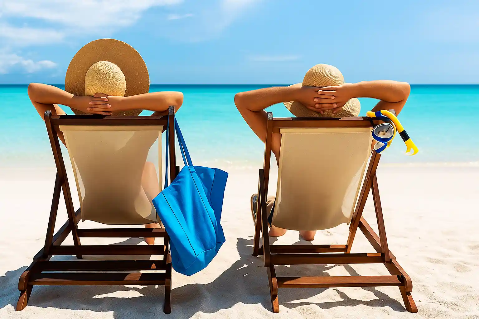 Pareja relajándose en la playa bajo el sol, disfrutando un destino turístico ideal para vacaciones frente al mar.